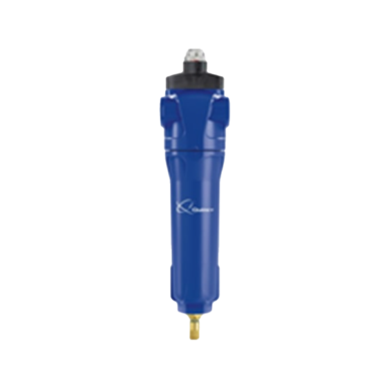 Quincy QMF Coalescer Compressed Air Filter with analog dP gauge painted blue with brass NPT fitting