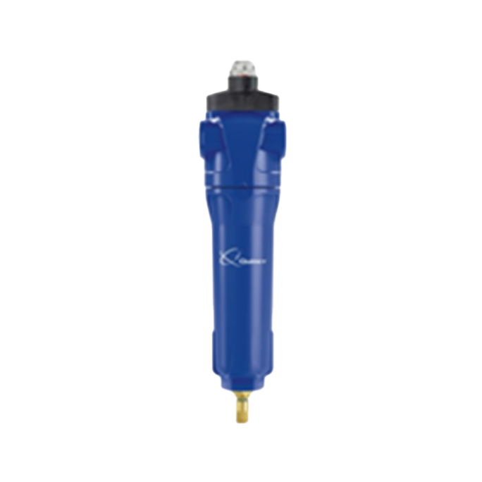 Quincy QMF Coalescer Compressed Air Filter with analog dP gauge painted blue with brass NPT fitting