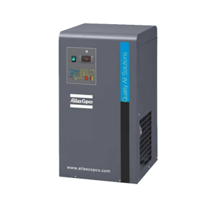 Dark Grey Atlas Copco FX HT Series compressed air dryer with blue labeling and electronic control board on a white background