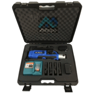 Blue power tool in a box with power cables and jaw sets including all parts needed to lug your own AIRpipe