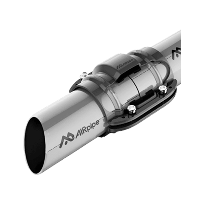 Section drawing showing AIRpipe branded gray aluminum pipes cut at an angle and joined in the middle with an AIRpipe piping connector