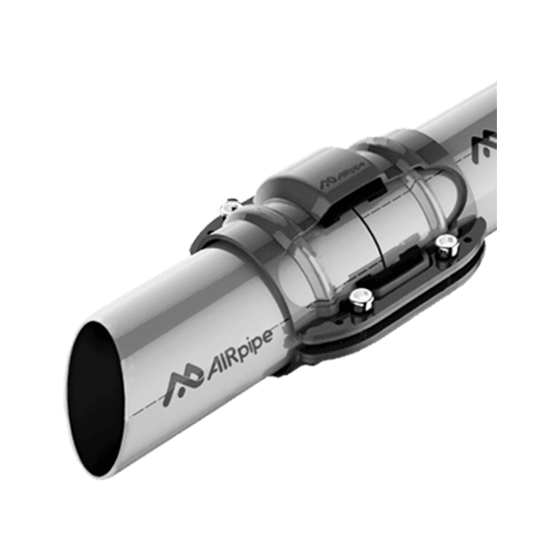 Section drawing showing AIRpipe branded gray aluminum pipes cut at an angle and joined in the middle with an AIRpipe piping connector