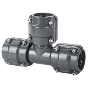 Grey metal pipe fitting in a T shape with equal sized AIRpipe piping connectors on all 3 sides