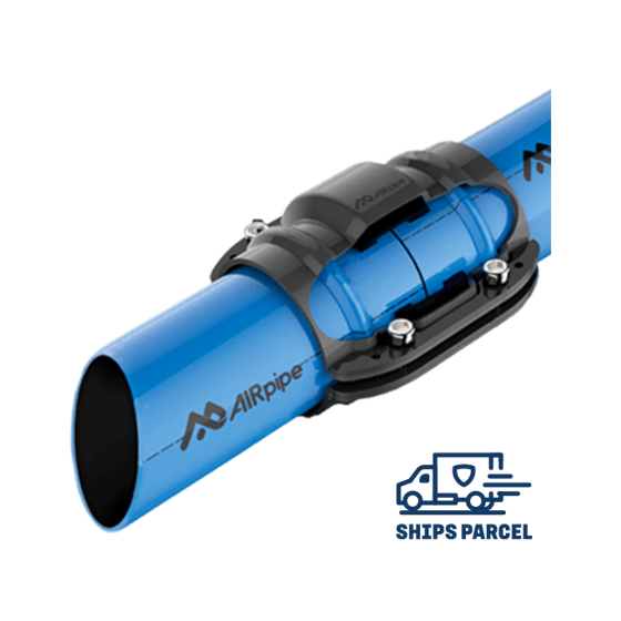 Assorted sizes of blue aluminum piping with a badge indicating that the product ships via parcel services