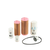 Thumbnail of Arrangement of Atlas Copco Part Kit Components- two orange filter elements, four white spin-on filters, and a black rubber o-ring