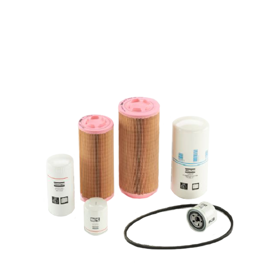 Arrangement of Atlas Copco Part Kit Components- two orange filter elements, four white spin-on filters, and a black rubber o-ring