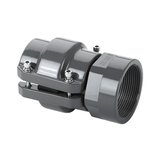 Grey metal inline adapter with female NPT threads on one end and an AIRPipe clamp style connector on the other end