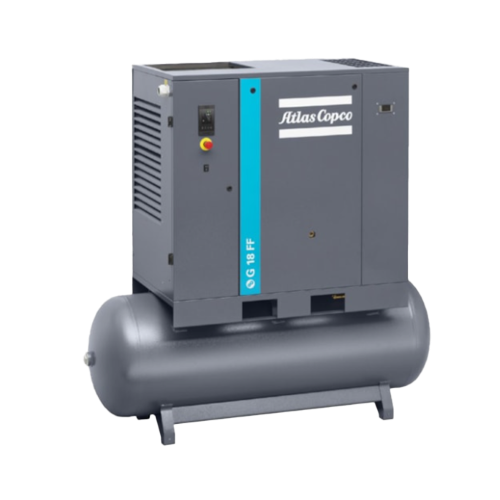 dark grey atlas copco air compressor mounted on a horizontal tank