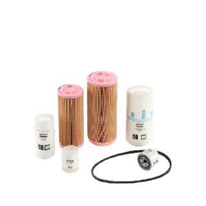 Atlas Copco Part Kits materials- several filters, filter elements, and an O-ring against a clear background
