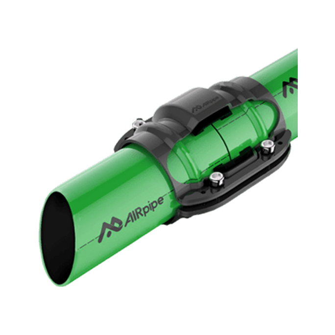 Section drawing showing AIRpipe branded green aluminum pipes cut at an angle and joined in the middle with an AIRpipe piping connector