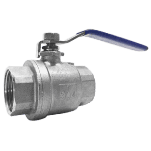 Simple metal ball valve with a blue locking handle and female NPT threads on both ends