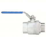 Thumbnail of metal ball valve with blue handle, male NPT threads on one side and female NPT threads on the other
