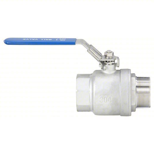 metal ball valve with blue handle, male NPT threads on one side and female NPT threads on the other