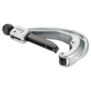 C-shaped metal pipe cutter with a small cutting wheel at the end of a threaded arm used for cutting many sizes of aluminum piping