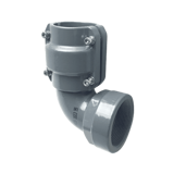 Thumbnail of Grey metal right angle elbow with clamp style piping connector on one side and female NPT threads on the other side