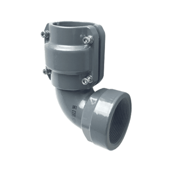 Grey metal right angle elbow with clamp style piping connector on one side and female NPT threads on the other side