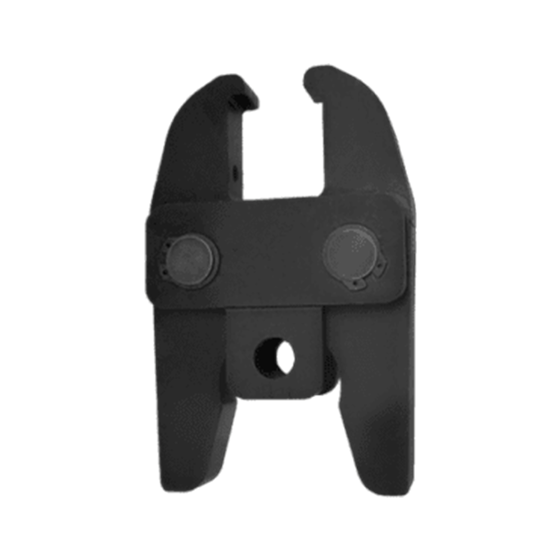 Black metal jaw head set for pipe lugging machine. The master jaws are made to hold the size-specific lugging heads needed for many different sizes of aluminum piping