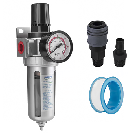 Gray metal wall mounted air filter with a gauge