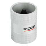 Thumbnail of White pipe deburrer for aluminum pipe, a cylinder which fits over the pipe's OD with an interior cone that fits into the ID. Cutting edges on the cone's inner and outer surfaces remove burrs from cut pipes