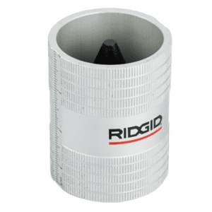 White pipe deburrer for aluminum pipe, a cylinder which fits over the pipe's OD with an interior cone that fits into the ID. Cutting edges on the cone's inner and outer surfaces remove burrs from cut pipes