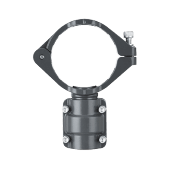 clamp-on style grey metal quick drop connector with a smaller diameter air fitting coming out at a straight angle