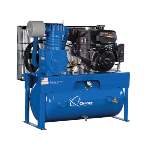 Quincy blue air compressor with a blue pump head and a black gasoline motor mounted on a tank