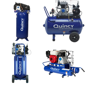 Quincy Single stage compressors arranged against a clear background