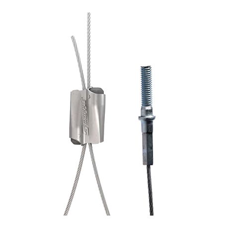 Metal wire wrapped in a clamp next to the other end of the wire which is a threaded metal stud