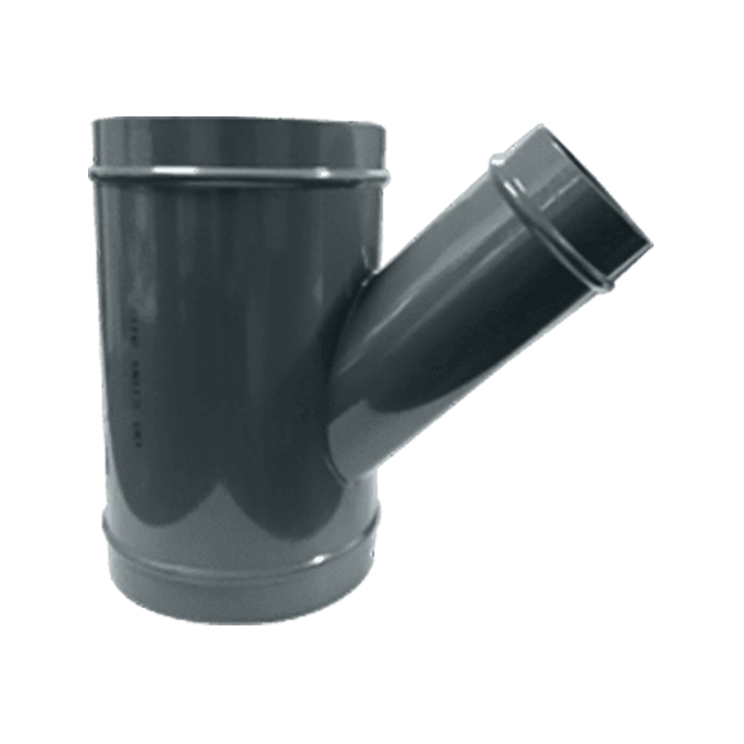 Grey metal wye fitting with two equal sized AIRpipe connections on both sides, and another different sized connection splitting off at an angle