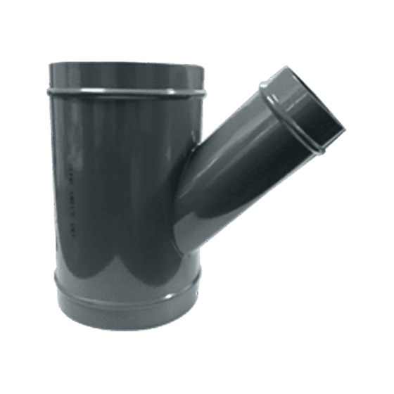 Grey metal wye fitting with two equal sized AIRpipe connections on both sides, and another different sized connection splitting off at an angle