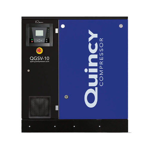 Quincy air compressor, dark blue and black with electronic controls