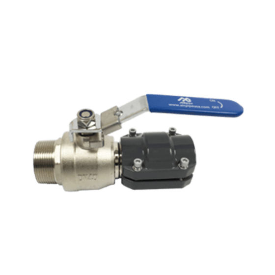 Simple metal ball valve with a blue locking handle and AIRpipe clamp style connectors on one end and male NPT threads on the other end