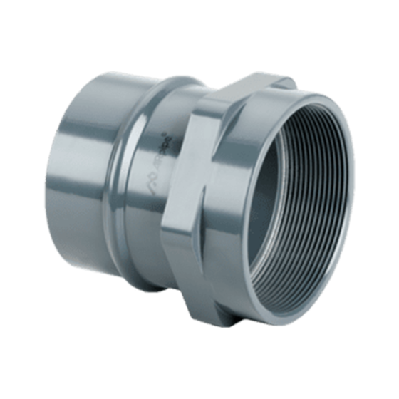 Grey metal adapter inline with AIRpipe connection on one side and female NPT threads on the other side