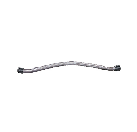 AirPipe metal flex hose with braided 304 stainless steel covering and black connectors on both ends against a white background, indicating durability and utility.