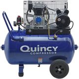 Thumbnail of small blue quincy single stage air compressor on a horizontal tank with a wheelbarrow handle and wheels