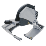 Thumbnail of Grey metal machine consisting of a metal base and a circular saw head which pivots up and down to cut metal piping