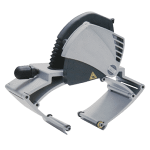 Grey metal machine consisting of a metal base and a circular saw head which pivots up and down to cut metal piping