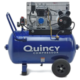 Thumbnail of Blue wheelbarrow style Quincy Air compressor with a handle, rubber feet, and a fan shroud