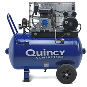 Blue wheelbarrow style Quincy Air compressor with a handle, rubber feet, and a fan shroud