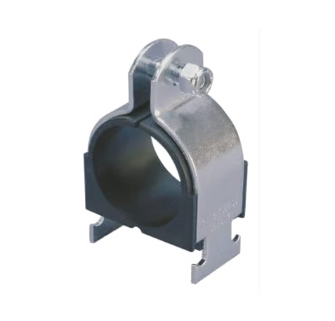 Gray steel clamp closed by a nut with a rubber cushion built in and mounting points for unistrut