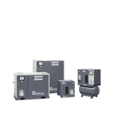 Thumbnail of Atlas Copco oil free air compressor series products, shows a variety of 4 oil-free scroll type compressors, all in dark grey cabinets, one on top of a horizontally mounted receiver tank