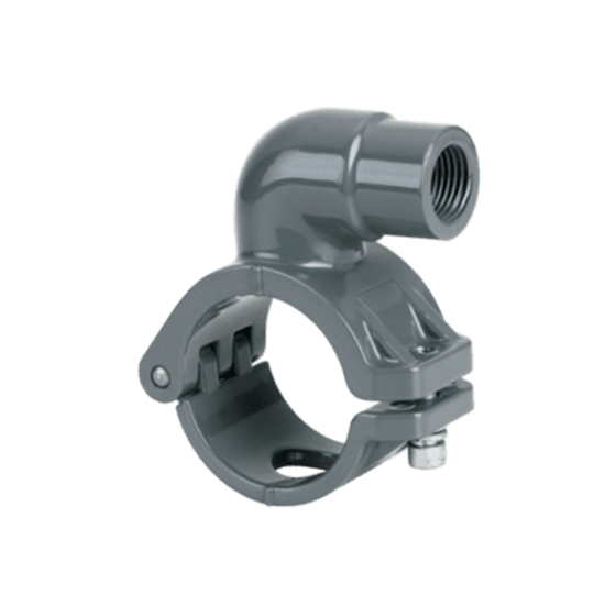 clamp-on style grey metal quick drop connector with a smaller diameter air fitting coming out at a right angle with female NPT threads