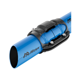 Thumbnail of Section drawing showing AIRpipe branded blue aluminum pipes cut at an angle and joined in the middle with an AIRpipe piping connector
