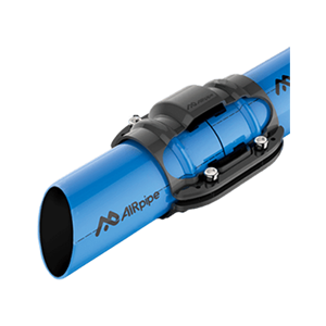 Section drawing showing AIRpipe branded blue aluminum pipes cut at an angle and joined in the middle with an AIRpipe piping connector