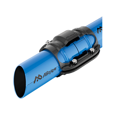 Section drawing showing AIRpipe branded blue aluminum pipes cut at an angle and joined in the middle with an AIRpipe piping connector