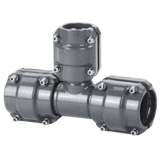 Thumbnail of Grey colored metal piping tee with two identically sized connectors inline, and a smaller connector branched off at a right angle