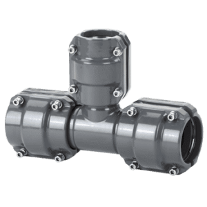 Grey colored metal piping tee with two identically sized connectors inline, and a smaller connector branched off at a right angle