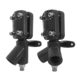 Thumbnail of Set of two dark grey metal wall brackets meant to attach a piping system to a wall. One has one port and the other has two