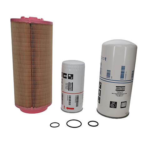 Atlas Copco GA37+ VSD Service Kit 3001160801 including oil filter, air filter, separator, and sealing O-rings