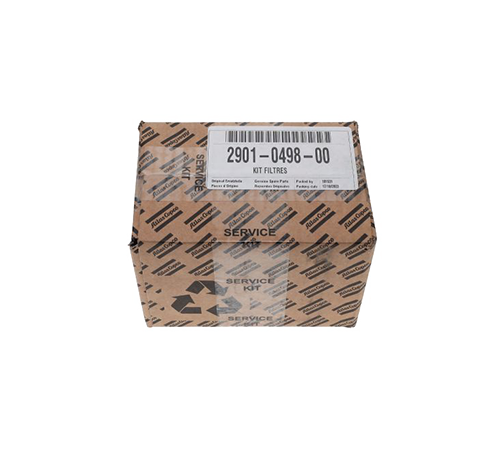 Atlas Copco service kit 2901049800 for LF piston compressors, including 6 filter elements, a retainer, and a special mounting nut.
